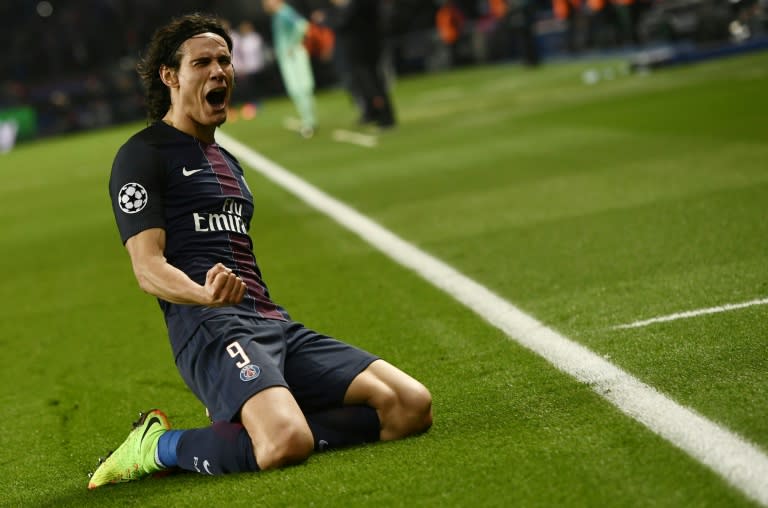 Paris Saint-Germain's Edinson Cavani celebrates after scoring a goal during their UEFA Champions League round of 16 first leg match against Barcelona, at the Parc des Princes stadium in Paris, on February 14, 2017