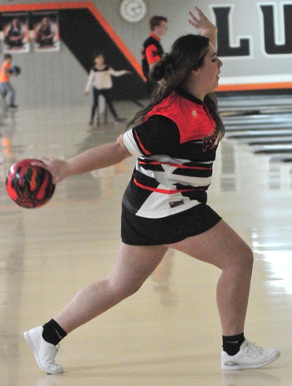 Ashland High School’s Mackenzie Kauffman bowls against Mount Vernon High School at Luray Lanes Thursday, Dec. 15, 2022.