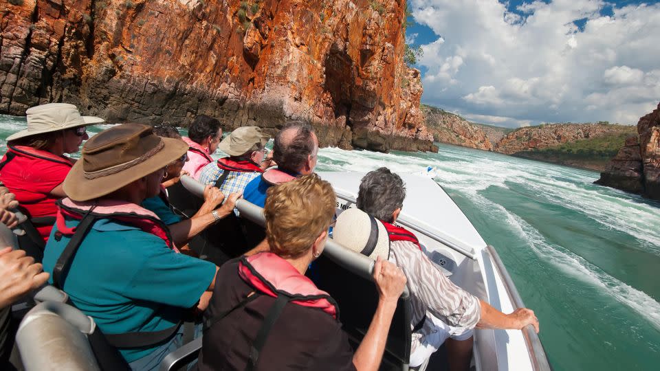 Tourists on a speedboat race across the Horizontal Waterfalls in Talbot Bay, Western Australia. - Jeff Mauritzen/Design Pics Editorial/Getty Images