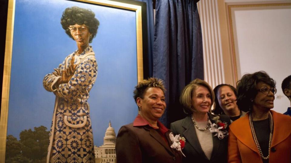  Barbara Lee, D-Calif., House Speaker Nancy Pelosi, D-Calif., Rep. Donna Edwards, D-Md.,and Rep. Maxine Waters, D-Calif portrait Shirley Chisholm thegrio.com