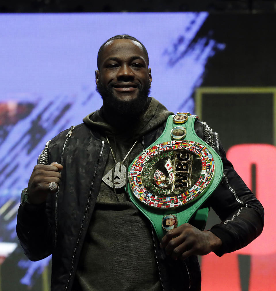 Deontay Wilder poses during a news conference for his upcoming WBC heavyweight championship boxing match against Tyson Fury, of England, Wednesday, Feb. 19, 2020, in Las Vegas. (AP Photo/Isaac Brekken)