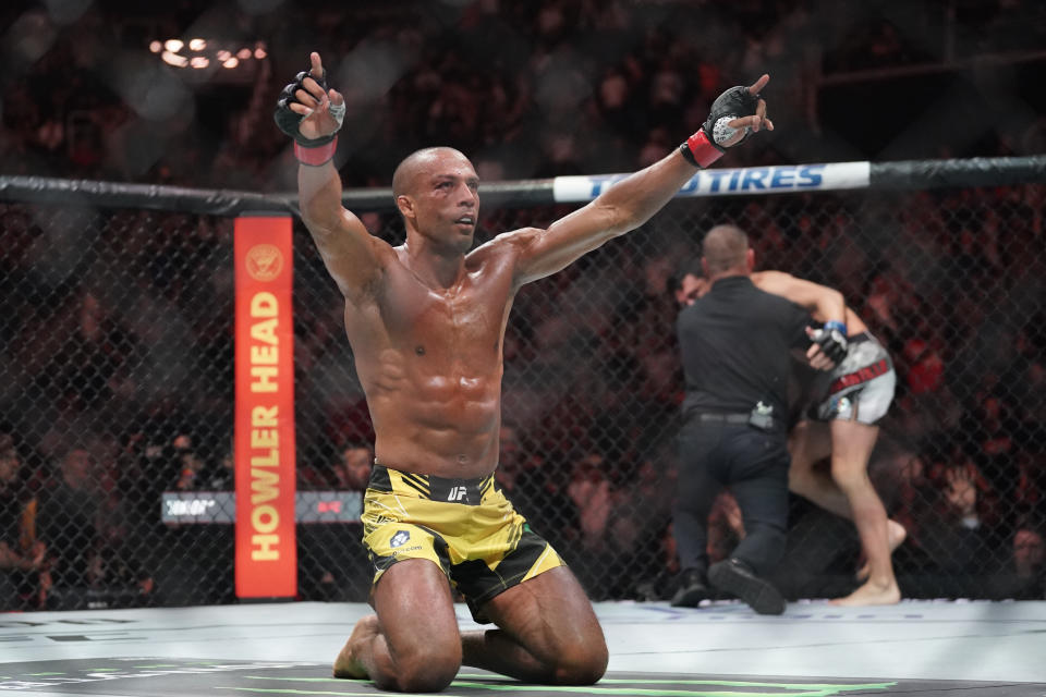 Apr 15, 2023; Kansas City, Missouri, USA; Edson Barboza (red gloves) reacts after the fight against Billy Quarantillo (blue gloves) during UFC Fight Night at T-Mobile Center. Mandatory Credit: Denny Medley-USA TODAY Sports