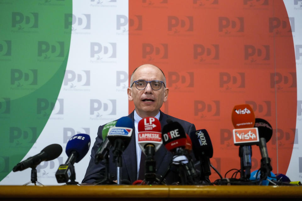 Democratic Party's leader Enrico Letta speaks at his party's headquarters in Rome, Monday, Sep. 26, 2022, the day after Italians voted in a national election that might yield the nation's first government led by the far right since the end of World War II. (AP Photo/Gregorio Borgia)