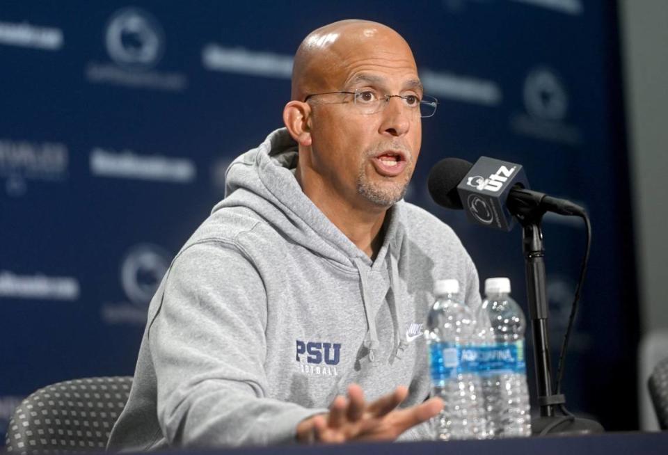 Penn State football coach James Franklin answers a question during his weekly press conference on Tuesday, Aug. 29, 2023.