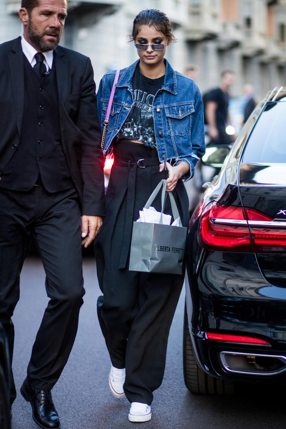 <p>Taylor Hill makes a case for the super cropped denim jacket.</p>