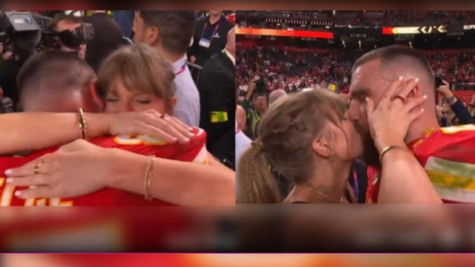 男友凱爾斯（Travis Kelce）完成衛冕，泰勒絲（Taylor Swift）激動擁吻。（圖／翻攝自 X）