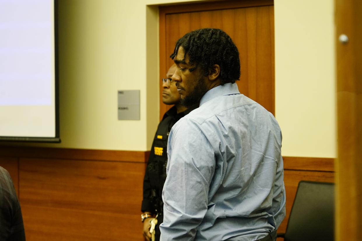 Isaiah Brown-Miller, 23, of the Northeast Side, in Franklin County Common Pleas Court on Tuesday during his trial on kidnapping and aggravated robbery charges in connection with the death of Columbus imam Mohamed Hassan Adam in December 2021. A mistrial was declared the next afternoon after a jury said it could not reach a unanimous decision.