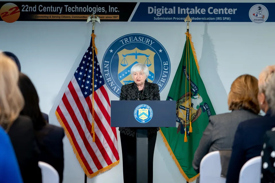 US Treasury Secretary Janet Yellen delivers remarks on the Inflation Reduction Act after visiting the site of a new paperless processing initiative in McLean, Virginia, on August 2, 2023. (Photo by Stefani Reynolds / AFP) (Photo by STEFANI REYNOLDS/AFP via Getty Images)