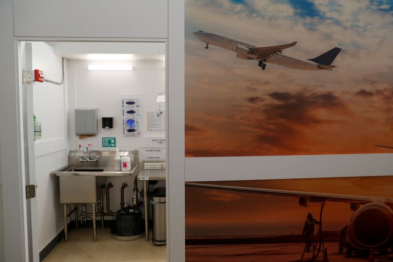 A COVID-19 testing facility for passengers and employees is seen during a media tour at Newark Liberty International Airport Terminal B in Newark, New Jersey