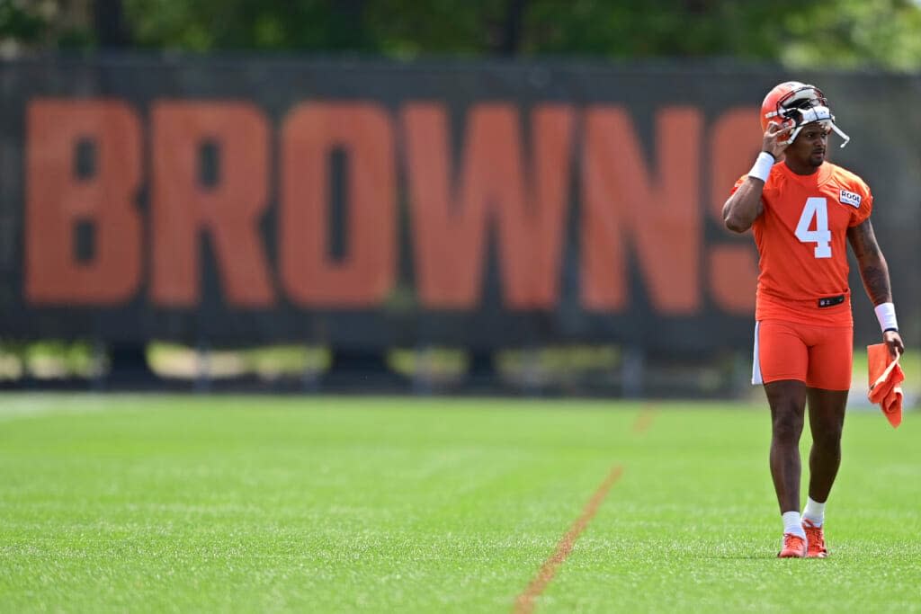 Cleveland Browns quarterback Deshaun Watson walks during an NFL football practice in Berea, Ohio, Friday, July 29, 2022. (AP Photo/David Dermer)