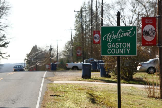 A sign welcomes motorists to Gaston County in High Shoals, North Carolina, on Jan. 5. Piedmont Lithium is looking to open a hard-rock mine in the rural county. Many locals fear the project could unleash devastating pollution on their idyllic community. (Photo: Brian Blanco for HuffPost)