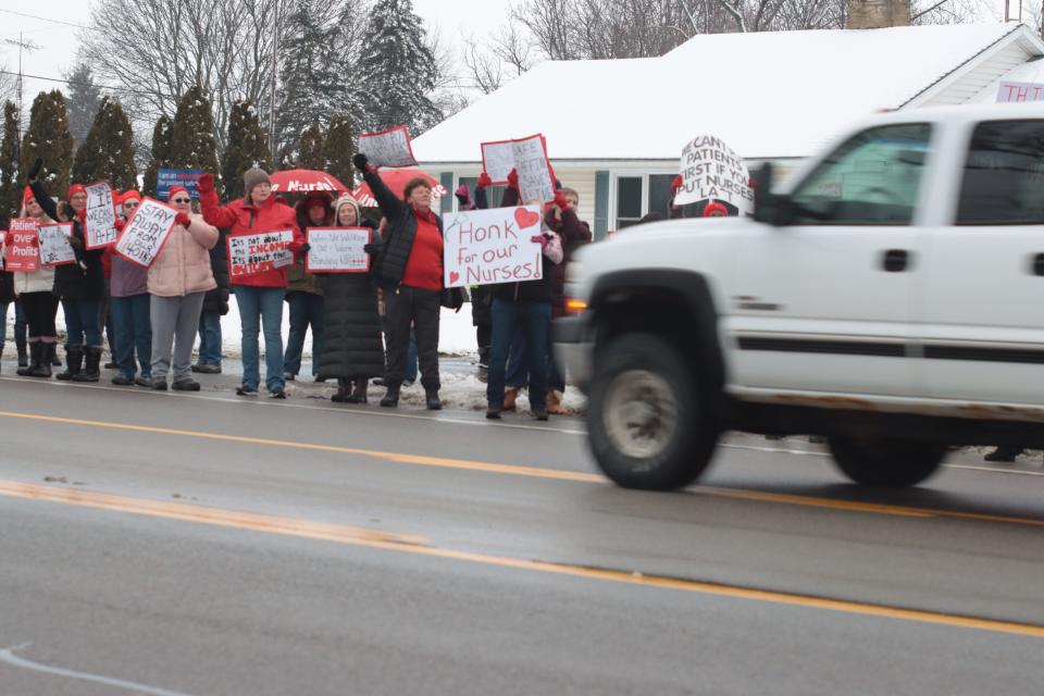 Members of the Michigan Nurses Association local at ProMedica Hickman Hospital seek support from passing drivers Tuesday as they stage a "practice strike" across M-52 from the hospital.