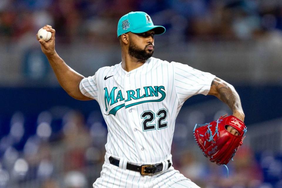 Miami Marlins pitcher Sandy Alcantara (22) throws a pitch during the first inning of an MLB game against the Philadelphia Phillies at loanDepot park in the Little Havana neighborhood of Miami, Florida, on Friday, July 7, 2023.