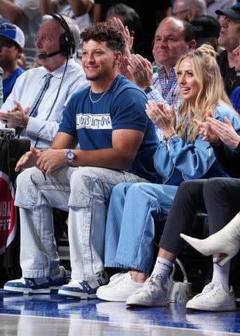 <p>Glenn James/NBAE via Getty</p> Patrick Mahomes and Brittany Mahomes attend the Denver Nuggets vs. Dallas Mavericks game in Texas on March 17