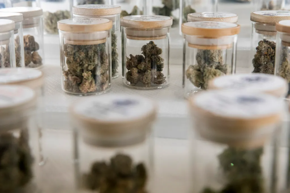 Different varieties of cannabis flower are on display at one of the Catalyst Cannabis Co. dispensary locations in Long Beach on May 27, 2022.