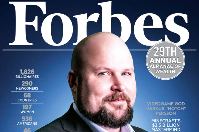 Undated handout photo issued by Forbes of the front cover of 2015's  Forbes World's Billionaires issue featuring Minecraft creator Markus Persson, whose fortune rose to 1.3 billion US dollars this year. PRESS ASSOCIATION Photo. Issue date: Monday March 2, 2015. The number of British billionaires on the 2015 Forbes rich list has risen to 53, up six from last year. Newcomers include Speedo brand owner Stephen Rubin, with a net worth of three billion US dollars, Monster energy drinks boss Hilton Schlosberg  and The Range homewear owner Chris Dawson. See PA story MONEY Forbes. Photo credit should read: Forbes/PA WireNOTE TO EDITORS: This handout photo may only be used in for editorial reporting purposes for the contemporaneous illustration of events, things or the people in the image or facts mentioned in the caption. Reuse of the picture may require further permission from the copyright holder.