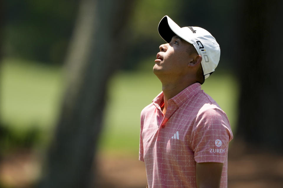 Collin Morikawa reacts to his shot on the ninth hole during the second round of the RBC Heritage golf tournament, Friday, April 19, 2024, in Hilton Head Island, S.C. (AP Photo/Chris Carlson)