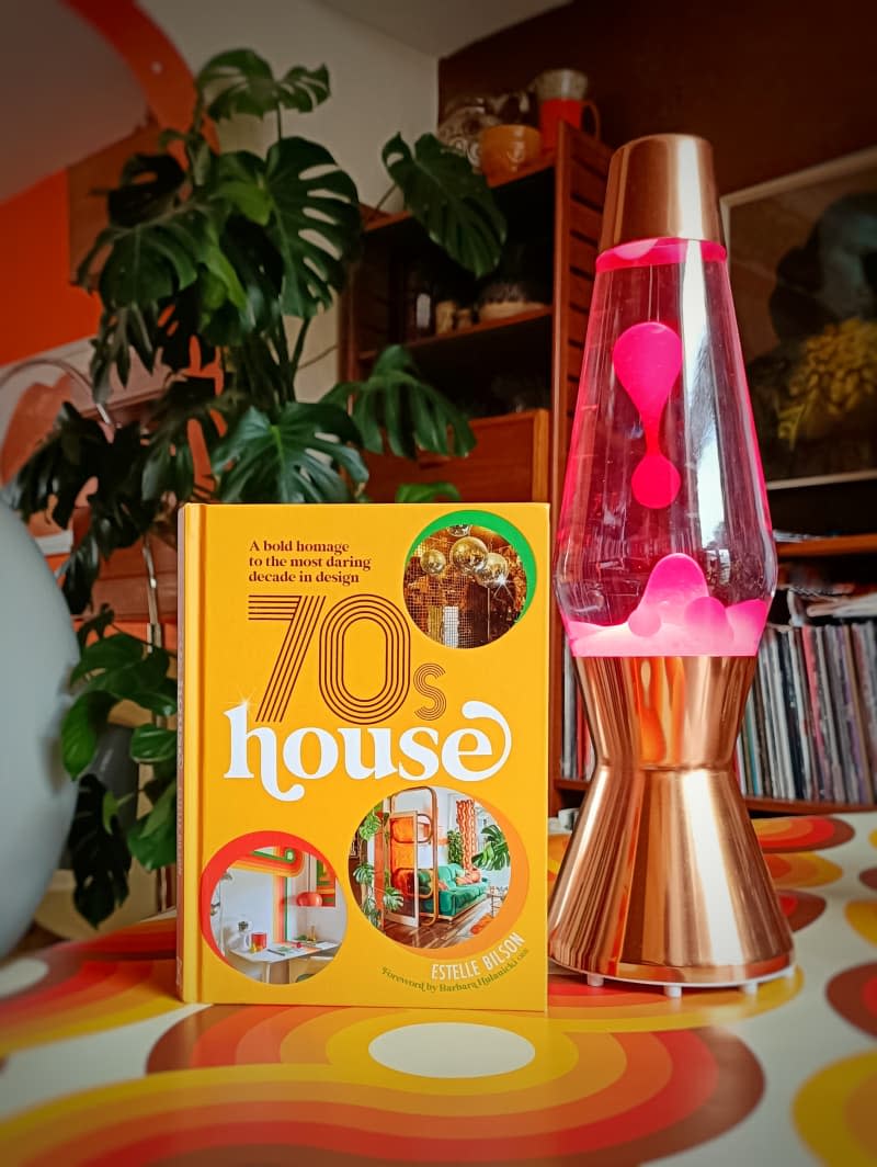 70's house book next to a pink lava lamp.