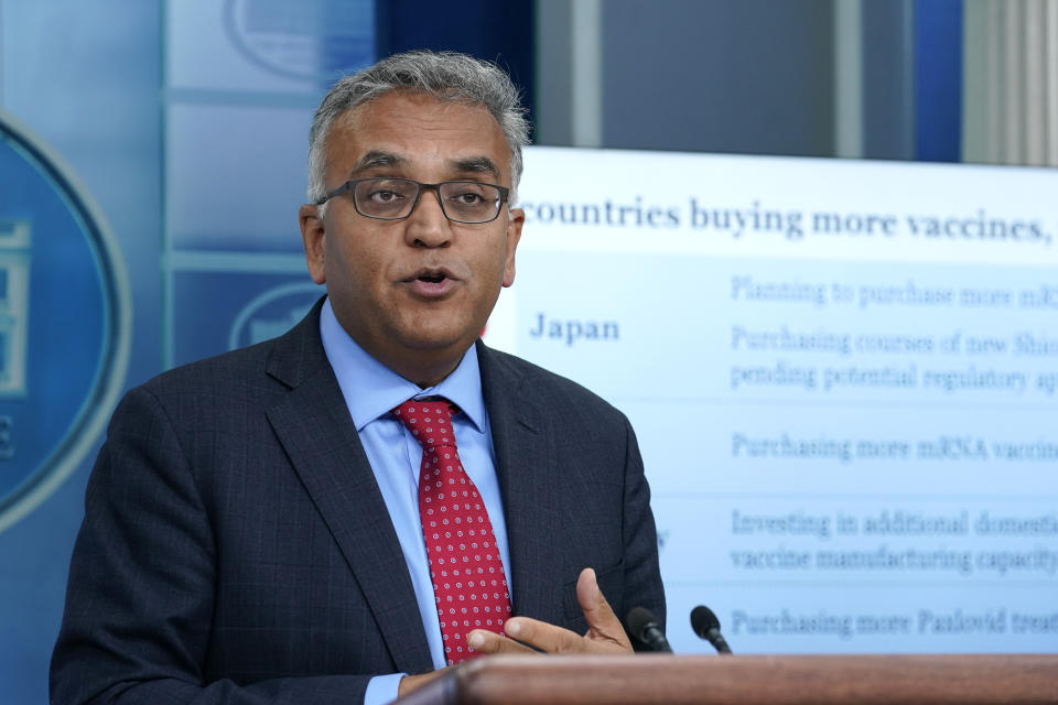 White House COVID-19 Response Coordinator Dr. Ashish Jha speaks during the daily briefing at the White House in Washington, Tuesday, April 26, 2022. (AP Photo/Susan Walsh)