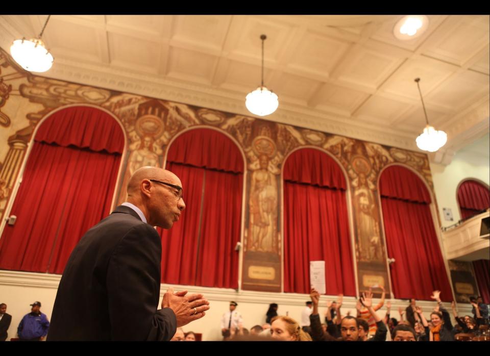 Chancellor Walcott talks to the crowd attending the Panel for Educational Policy meeting that included a large number of members from Occupy Wall Street at Seward High School, New York on Tuesday, October 26, 2011. (Myra Iqbal, AOL)