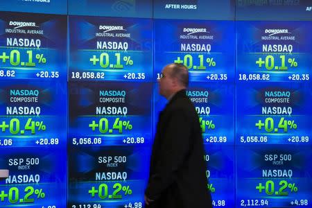 A man walks past an electronic board showing the closing numbers for the Nasdaq Composite Index at the Nasdaq in New York April 23, 2015. REUTERS/Lucas Jackson