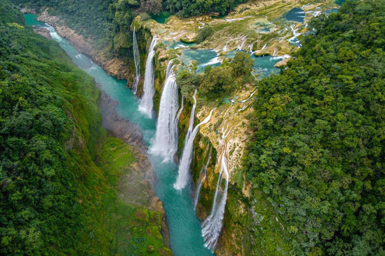 Aerial of the Tamul waterfalls, Huasteca Potosi, San Luis Potosi, Mexico, North America