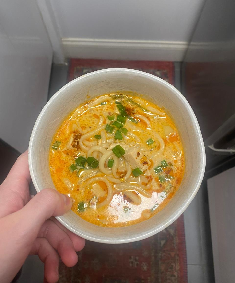 Hand holding a bowl of noodle soup with chopped green onions on top