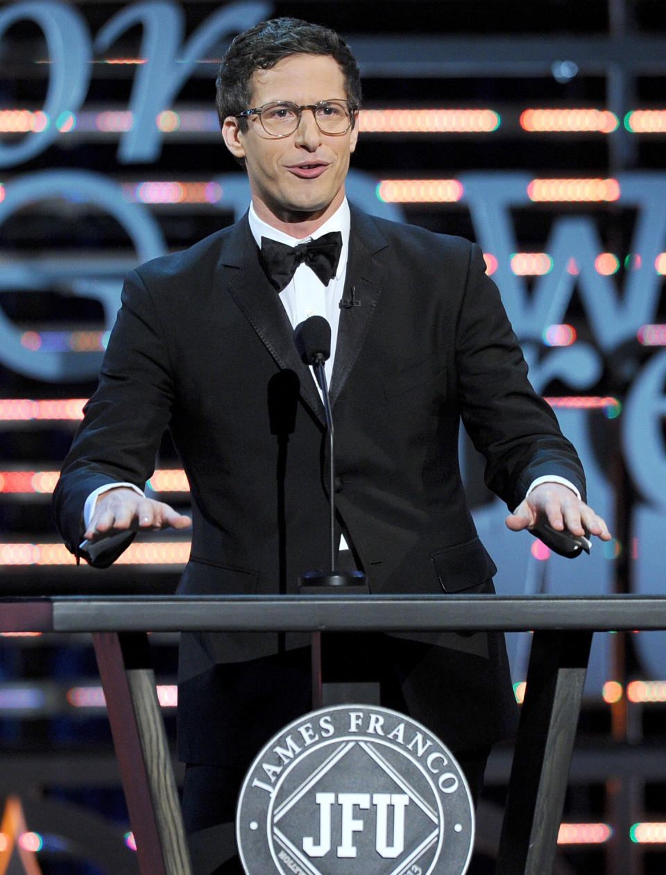 CULVER CITY, CA - AUGUST 25:  Actor Andy Samberg speaks onstage during The Comedy Central Roast of James Franco at Culver Studios on August 25, 2013 in Culver City, California. The Comedy Central Roast Of James Franco will air on September 2 at 10:00 p.m. ET/PT.  (Photo by Kevin Winter/Getty Images for Comedy Central)