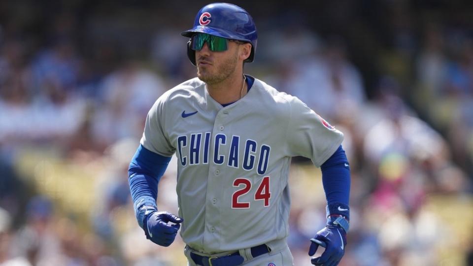 April 16, 2023;  Los Angeles, California, USA;  Chicago Cubs center fielder Cody Bellinger (24) circles for base after hitting a solo home run in the fifth inning against the Los Angeles Dodgers at Dodger Stadium.