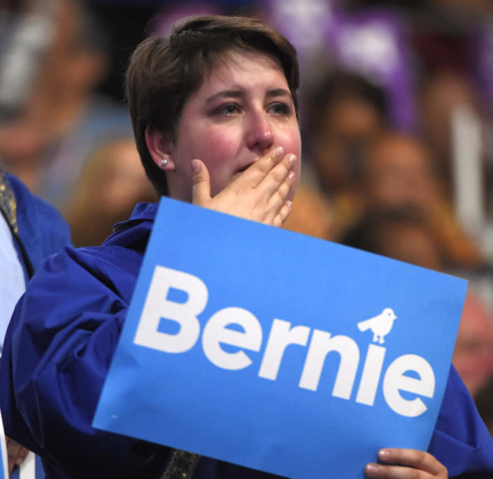 <p>A supporter cries while listening to former Democratic Presidential candidate, Sen. Bernie Sanders, I-Vt., speak during the first day of the Democratic National Convention in Philadelphia, July 25, 2016. (AP Photo/Mark Terrill)</p>