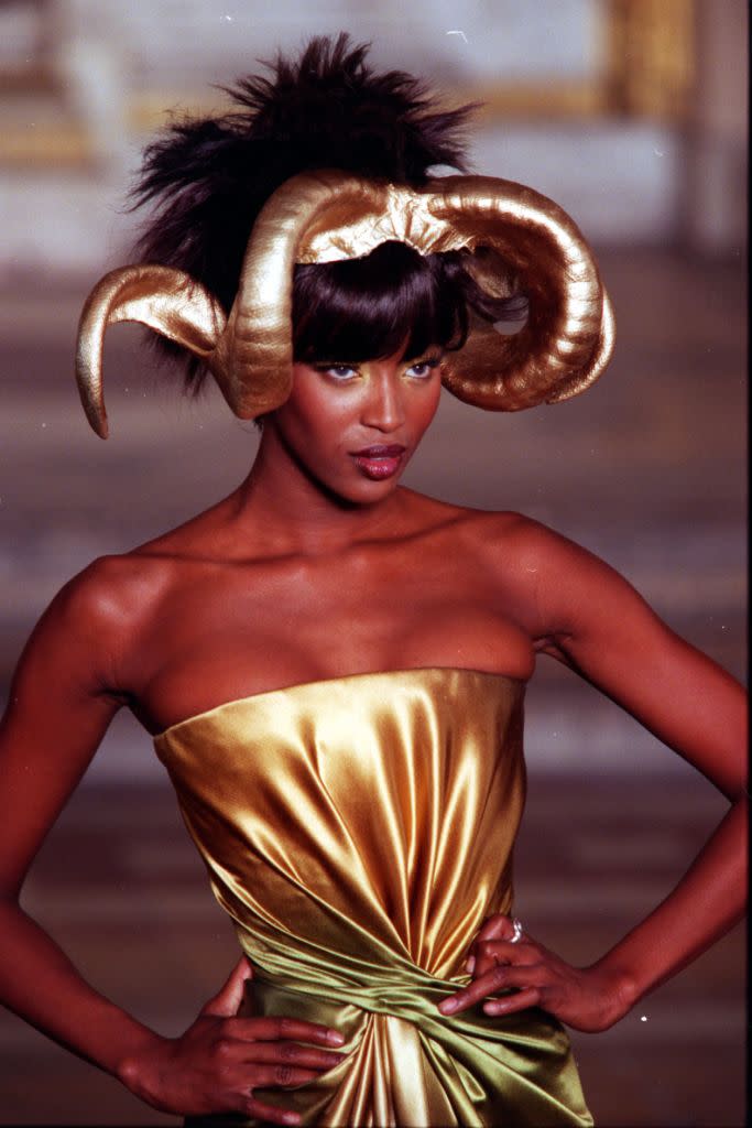 Naomi Campbell in Alexander McQueen’s mythical-themed collection for Givenchy in 1997. The British designer’s early collections were a mixture of controversial and campy. - Credit: Shutterstock