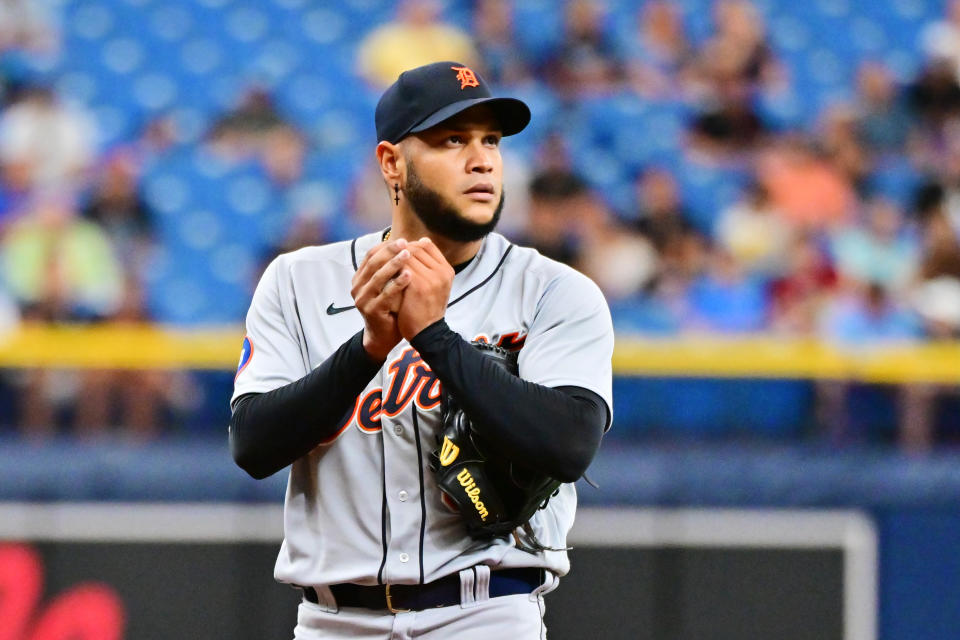 ST PETERSBURG, FLORIDA - MAY 18: Eduardo Rodriguez #59 of the Detroit Tigers reacts after walking in a run in the first inning against the Tampa Bay Rays at Tropicana Field on May 18, 2022 in St Petersburg, Florida.  (Photo by Julio Aguilar/Getty Images)