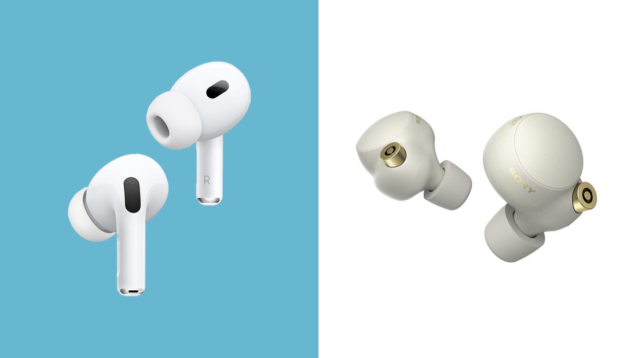  Apple AirPods Pro 2 buds on left, Sony WF-1000XM4 buds on right. 