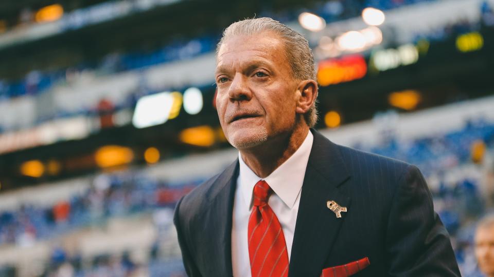 Indianapolis Colts owner Jim Irsay walks onto the field before the start of an NFL football game between the Indianapolis Colts and the Denver Broncos, IndianapolisBroncos Colts Football, Indianapolis, USA - 8 Nov 2015.