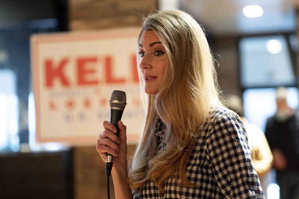 U.S. Sen. Kelly Loeffler, R-Ga.,talks to supporters during a campaign event Friday, Dec. 31, 2020 at McCray's Tavern in Marietta, Ga. (AP Photo/Ben Gray)