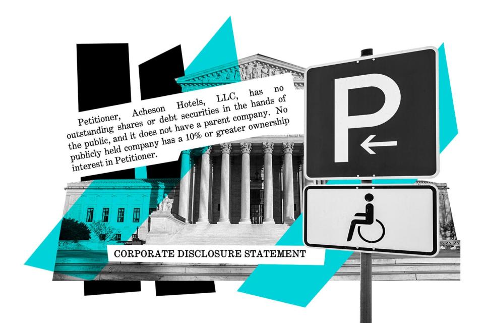 Text of Acheson overlaid over the SCOTUS building and a disabled parking sign.