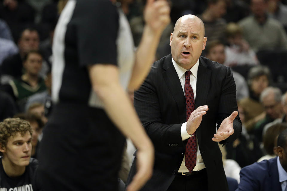 Chicago Bulls head coach Jim Boylen yells from the sideline during the first half of an NBA basketball game against the Milwaukee Bucks Monday, Jan. 20, 2020, in Milwaukee. (AP Photo/Aaron Gash)