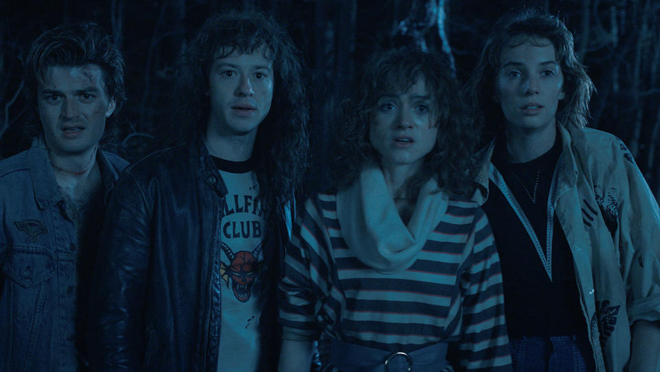 Joe Keery as Steve Harrington, Joseph Quinn as Eddie Munson, Dyer as Nancy and Hawke as Robin. - Credit: Courtesy of Netflix