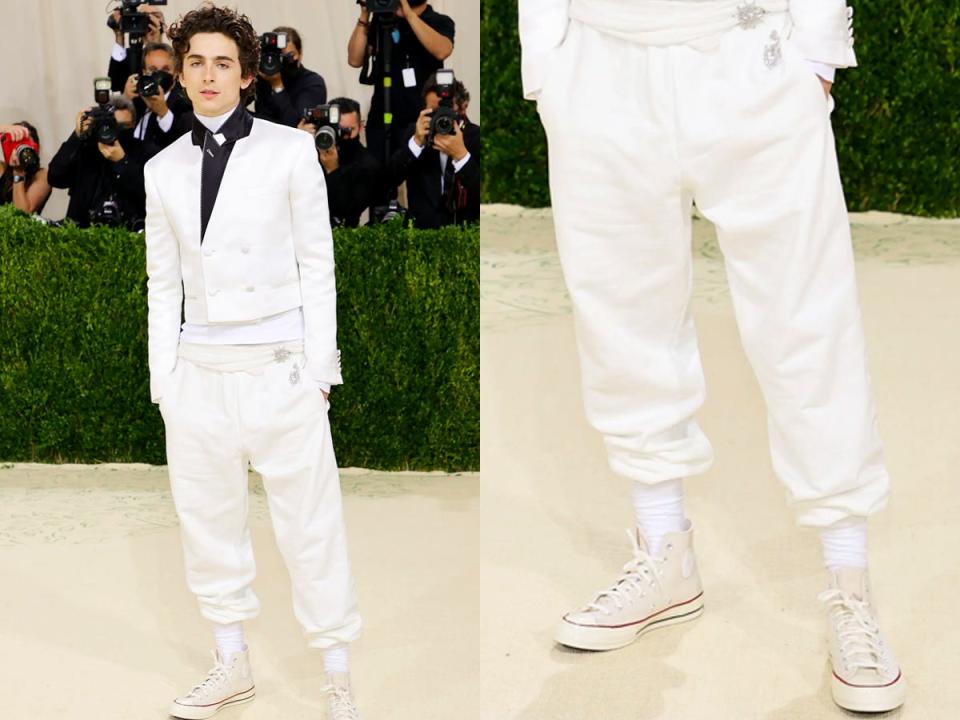 timothee chalamet in white sweatpants with his Met Gala suit look.