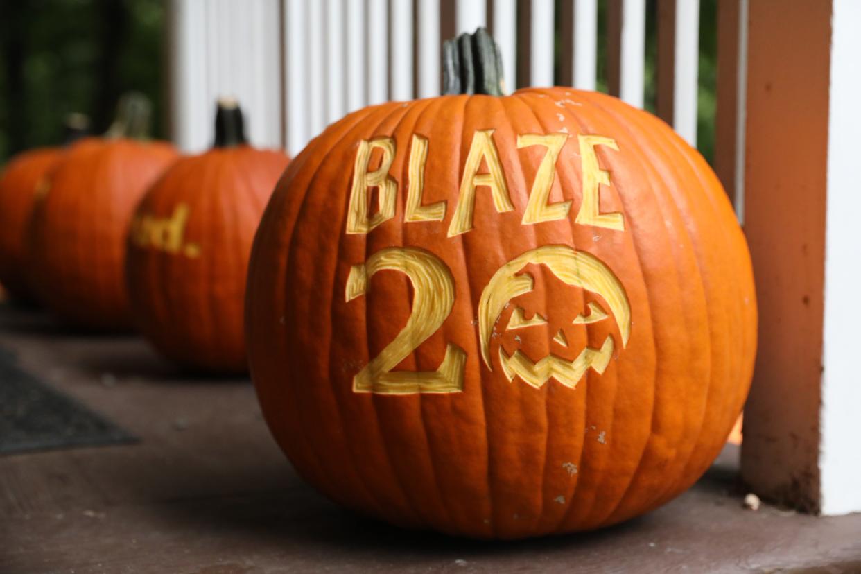 A pumpkin celebrating the 20th anniversary of the Great Jack O'Lantern Blaze at Van Cortlandt Manor Aug. 20, 2024 in Croton-on-Hudson. Pumpkin carvers and other Historic Hudson Valley crew members are preparing for the Halloween event which starts September 13.