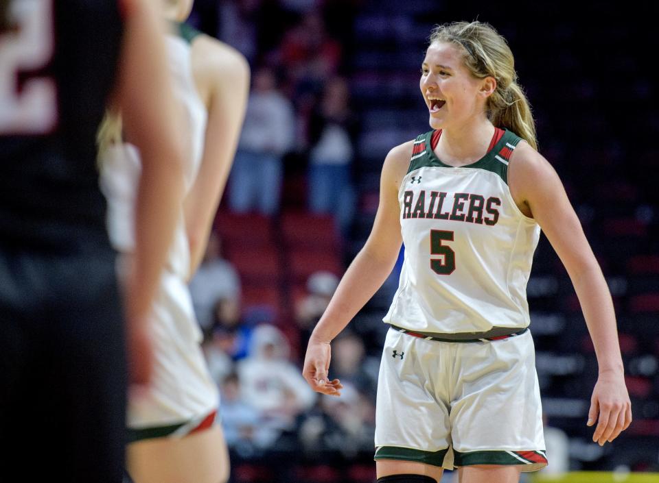 Lincoln's Kloe Froebe flashes a big smile as she comes off the court in the final seconds of the Railers' 76-56 win over Deerfield in the Class 3A state semifinals Friday, March 3, 2023 at CEFCU Arena in Normal. The junior guard scored 45 points against the Warriors.