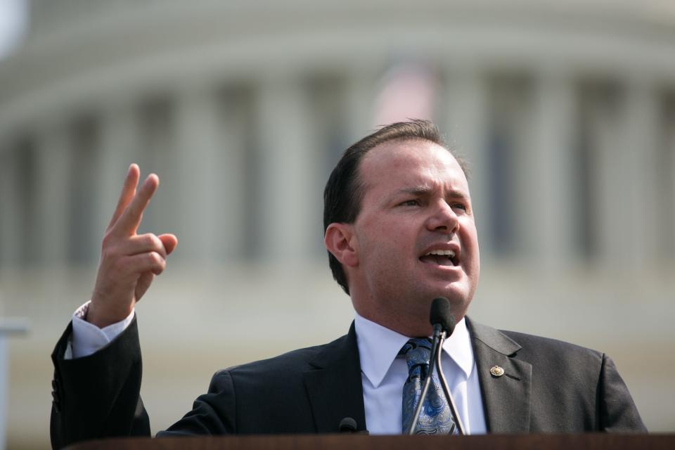 Sen. Mike Lee speaking in front of the Capitol in September 2013 in Washington, D.C.