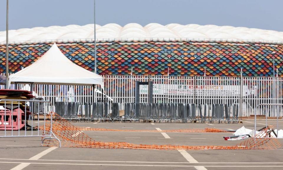 Barriers on the ground outside the Olembe Stadium the day after the tragedy.