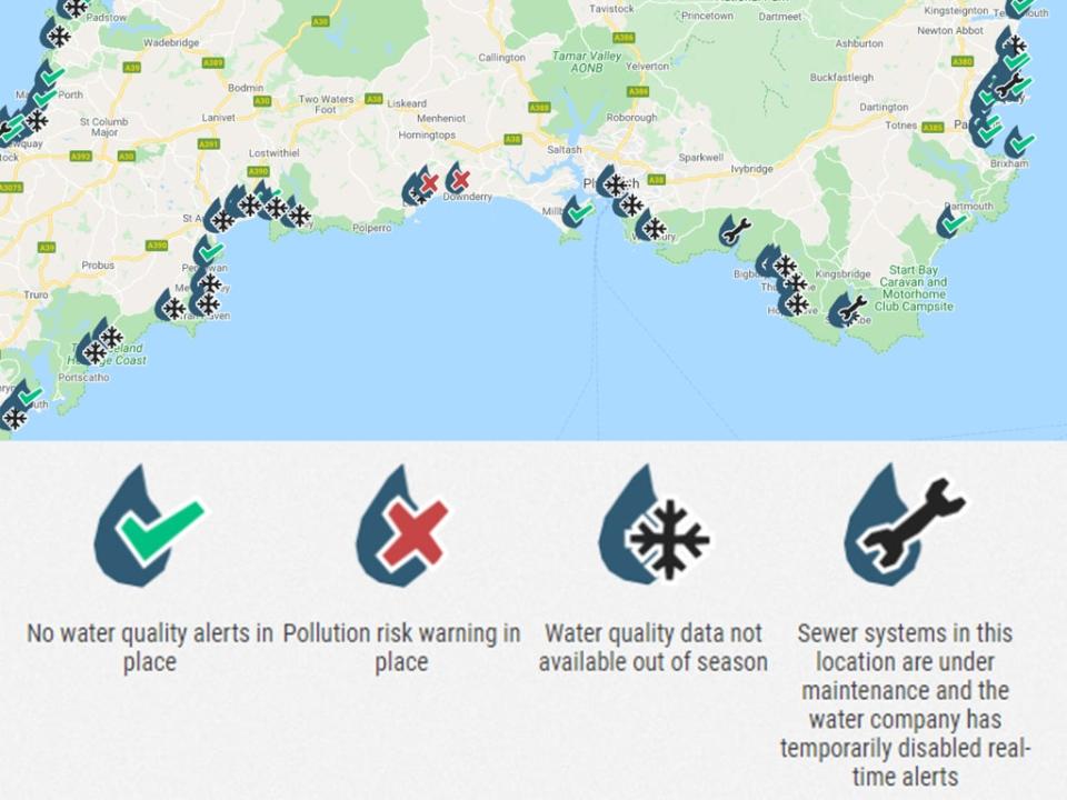 A map of the places on the south coast that campaign group Surfers Against Sewage have highlighted as at risk from discharged sewage (Surfers Against Sewage)