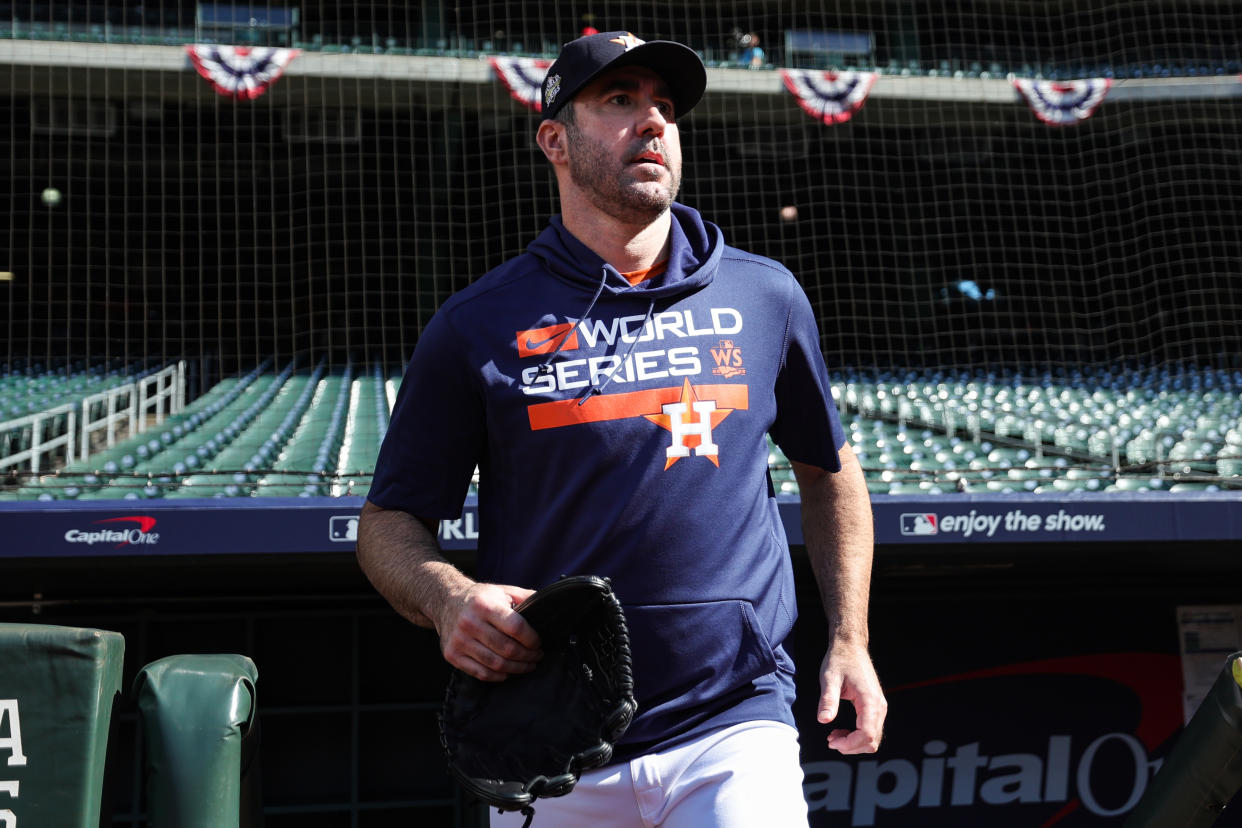 HOUSTON, TEXAS - OCTOBER 27: Justin Verlander #35 of the Houston Astros participates in the World Series workout day at Minute Maid Park on October 27, 2022 in Houston, Texas. (Photo by Carmen Mandato/Getty Images)