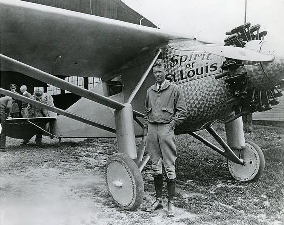 The Spirit of St. Louis carried Charles Lindbergh from New York to Paris in 33 and a half hours, the first nonstop flight across the Atlantic Ocean.