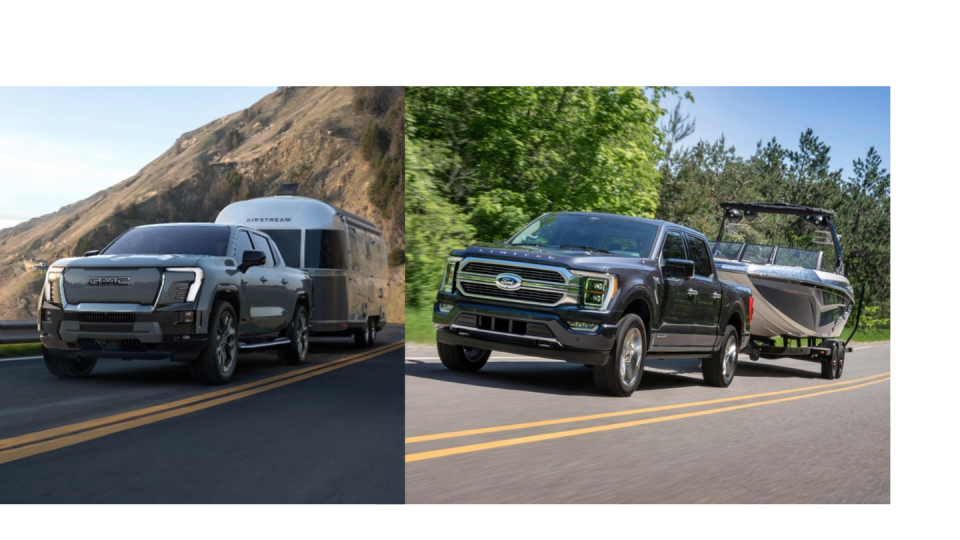 gmc sierra ev and ford f150 hybrid with trailers