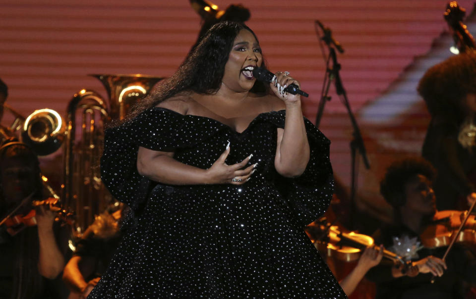 Lizzo performs at the 62nd annual Grammy Awards on Sunday, Jan. 26, 2020, in Los Angeles. (Photo by Matt Sayles/Invision/AP)