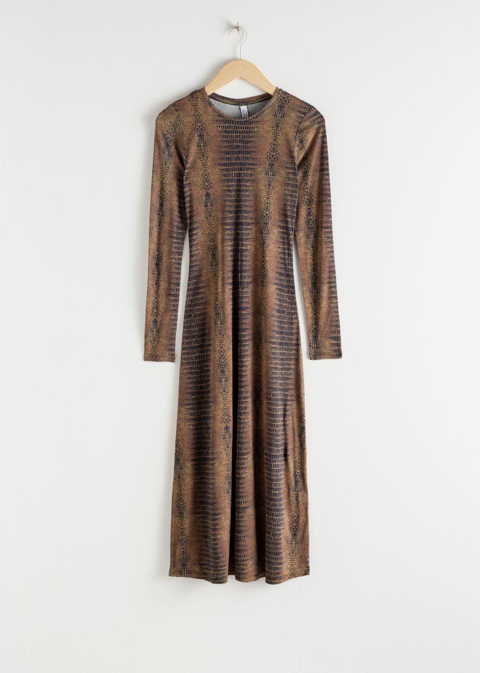 & Other Stories Croc-Print Fitted Midi Dress