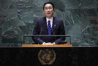 Japan's Prime Minister Fumio Kishida addresses the 78th session of the United Nations General Assembly, Tuesday, Sept. 19, 2023, at U.N. headquarters. (AP Photo/Frank Franklin II)